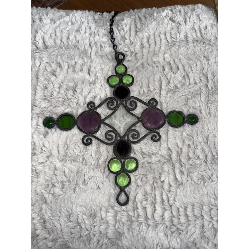 BEAUTIFUL Stained Glass Purple And Green Cross Sun-catcher 10"x 11" Gorgeous